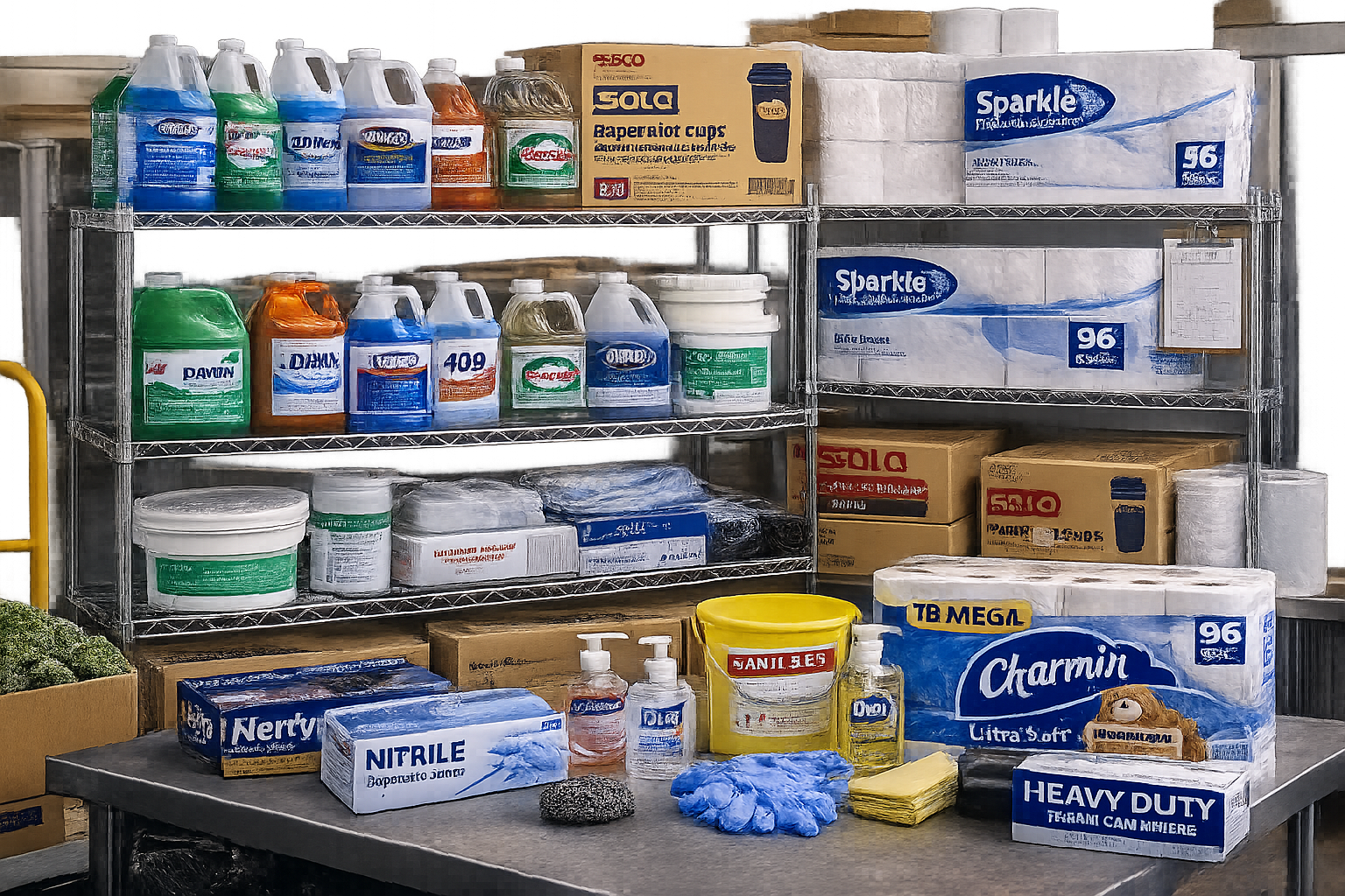 Food service storage and receiving area with organized core SKUs: chemicals, liners, paper, gloves